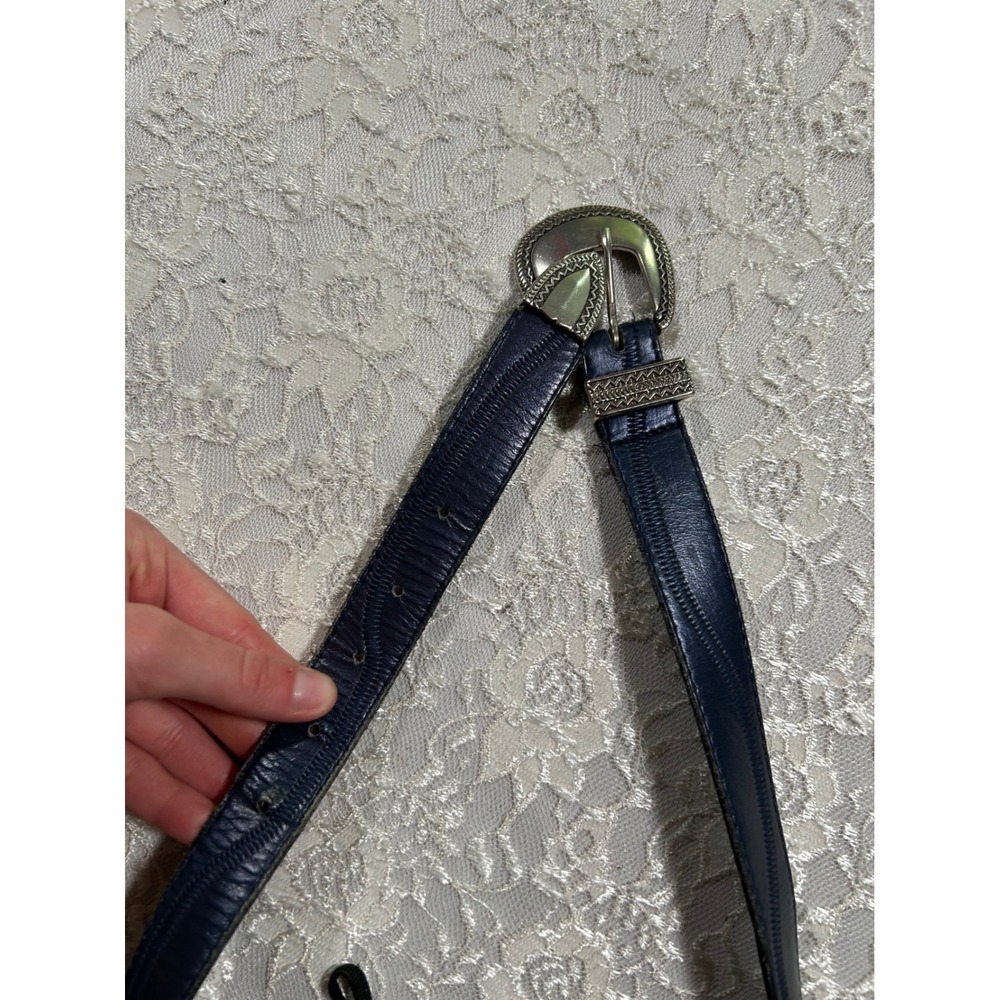 Vintage Navy Blue Leather Western Belt Silver M Ranch Boho Festival Cowboy - Picture 7 of 10